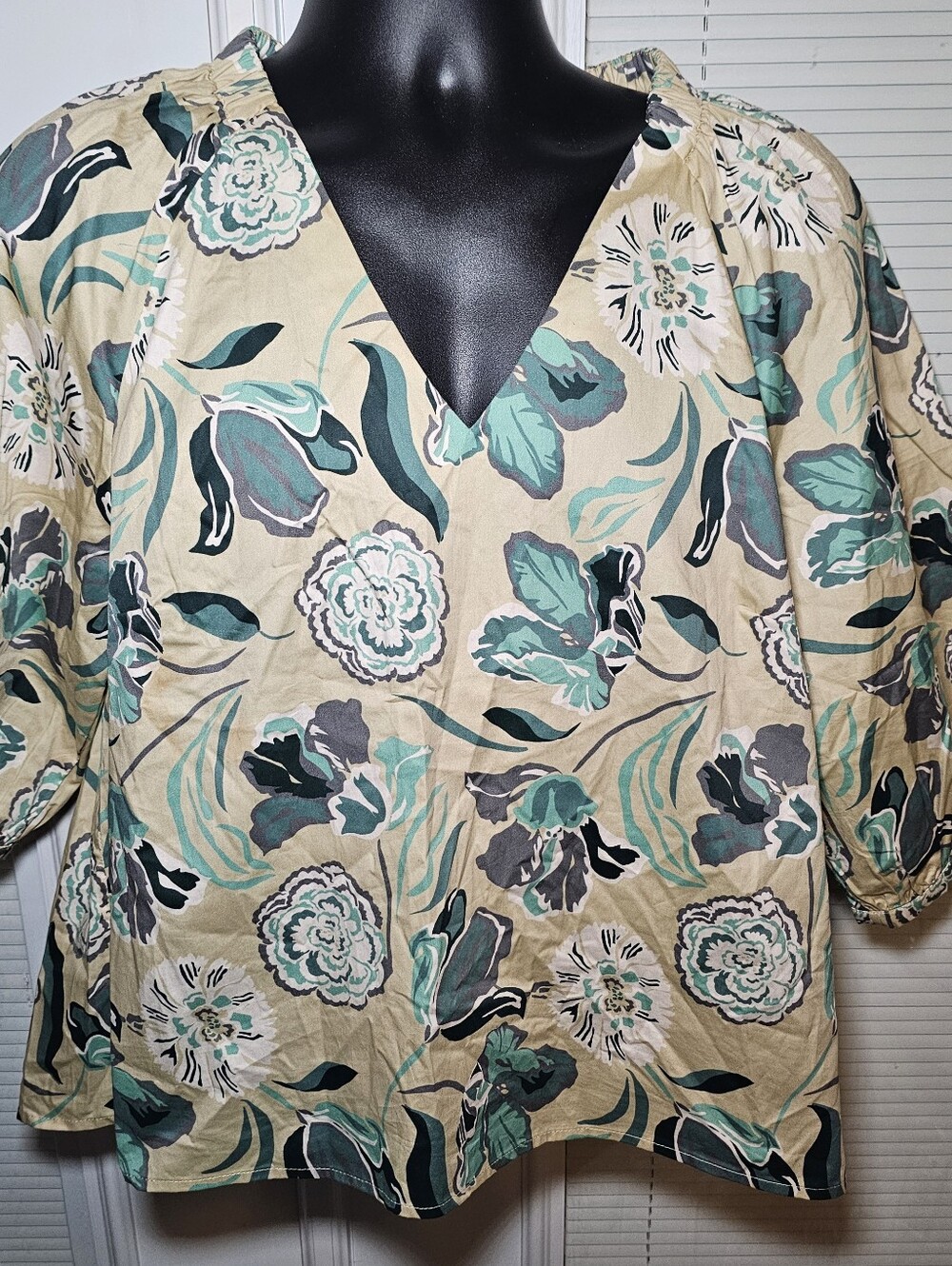 Abbey Glass Women's Blouse XL Boho Retro Floral V-Neck Puff Sleeve
